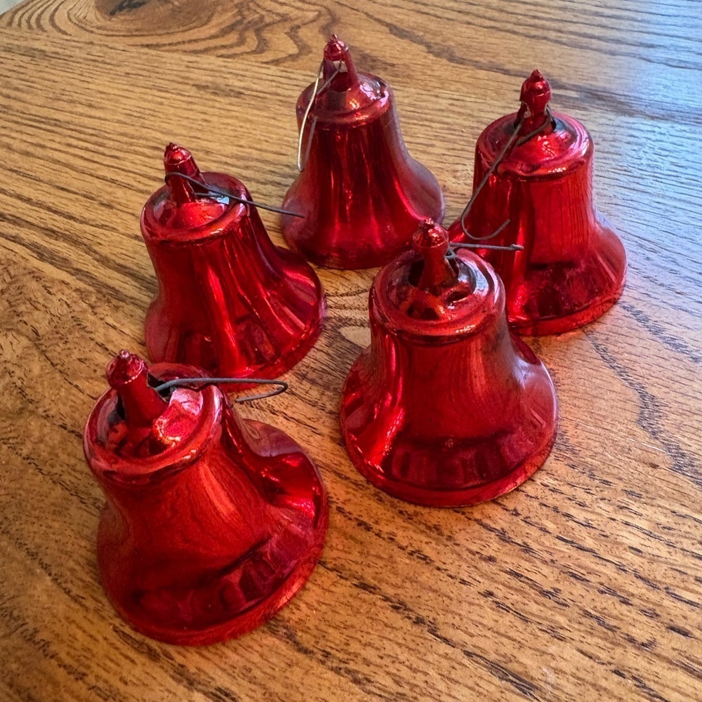 Vintage Set of 5 plastic Red Bell Ornaments